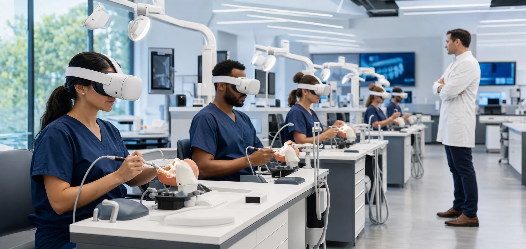 Üniversite simülasyon laboratuvarında birlikte VR eğitimi alan diş hekimliği öğrencileri